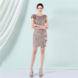 Women Summer Modest o-Neck Short Sleeves Solid Sequined Mini Pencil Club Dress