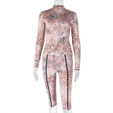 Women's Sexy Leopard Print Sheer Long Sleeve Top & Fitted Pants Set