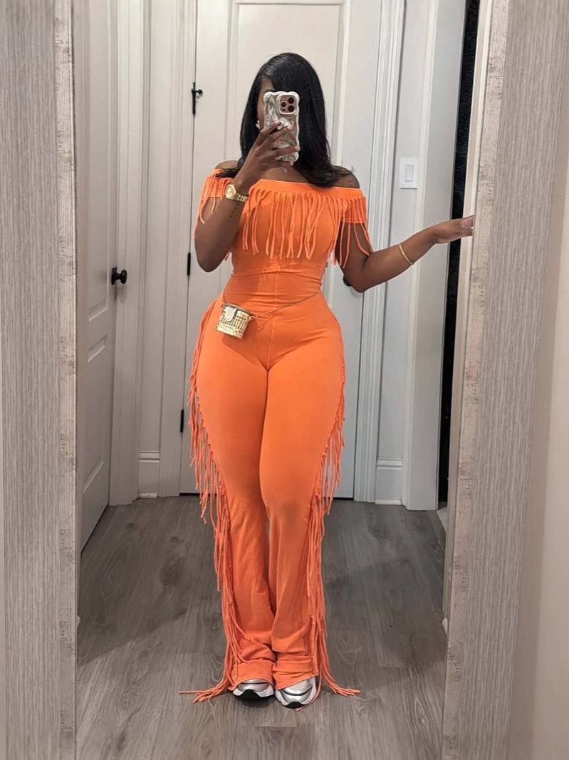 Women's Comfort Casual Elastic Waist Tassel Two-Piece Pants Set