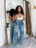 Women's Loose High-Waist Wide-Leg Denim Overalls Jumpsuit