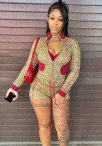Autumn/Winter Leopard Print Stretch Shorts & Long Sleeve Top Set