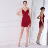 Women Summer Formal v-Neck Sleeveless Solid Fringed Mini Straight Club Dress