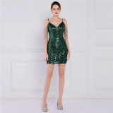 Women Summer Modest Strap Sleeveless Solid Sequined Mini Straight Club Dress