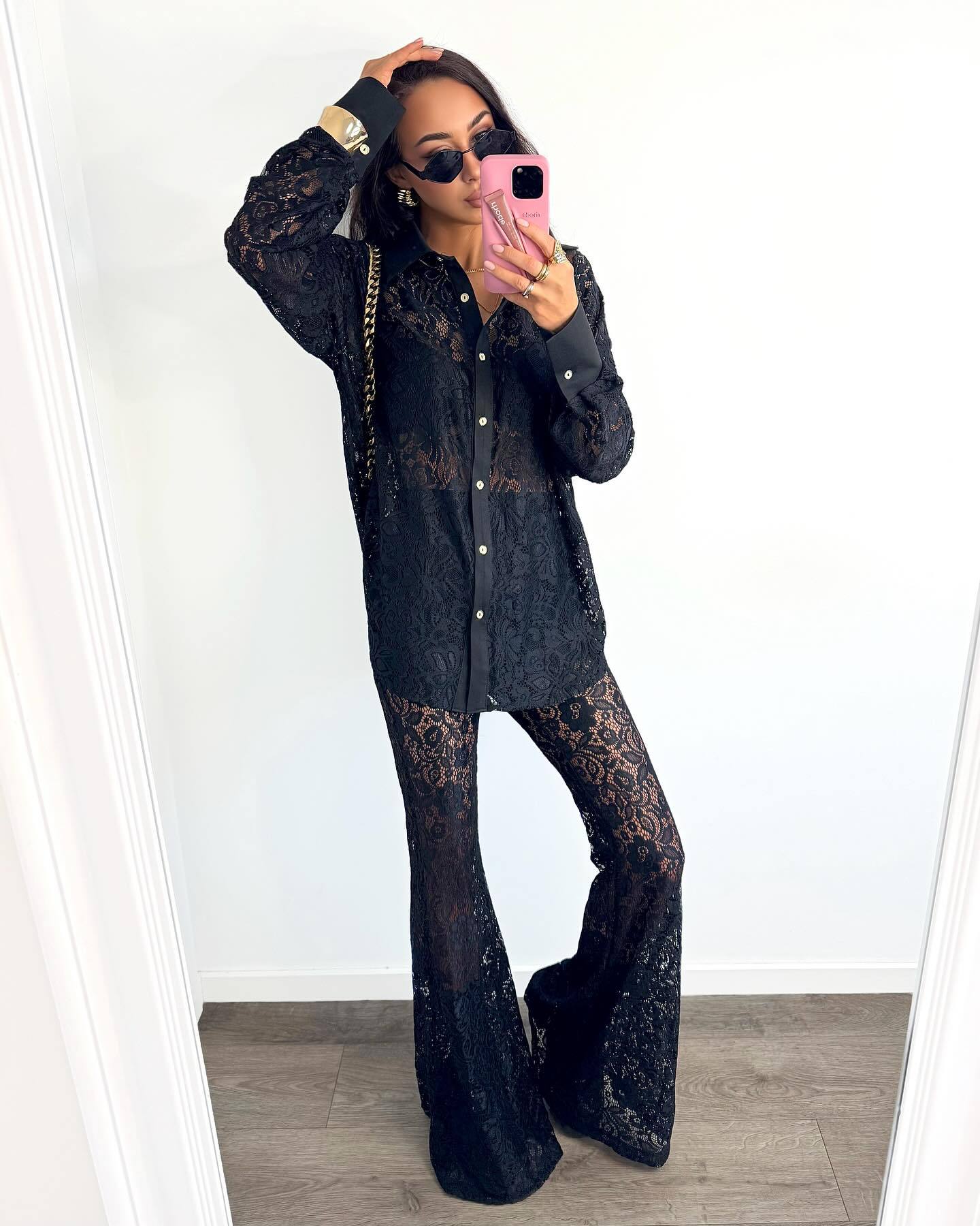 Women Hollow White Cardigan Lace Shirt and Wide-leg Pants Two-piece Set