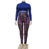 Women sexy patchwork contrasting lace-up top and printed pants two-piece suit
