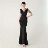Women Heavy Beaded Applique Fishbone Train Lace-Up Formal Party Evening dress