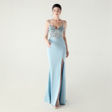 Women Applique Beaded Tube Fishbone Pressed Beaded Off-shoulder Sexy Evening Dress
