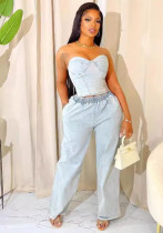 Women casual stretchy denim sleeveless top and pant two-piece suit