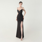 Women beaded tube applique beaded fishbone lace-up formal party evening dress