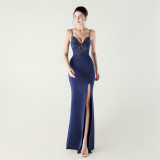 Women applique fishbone lace-up dinner party fishtail evening dress
