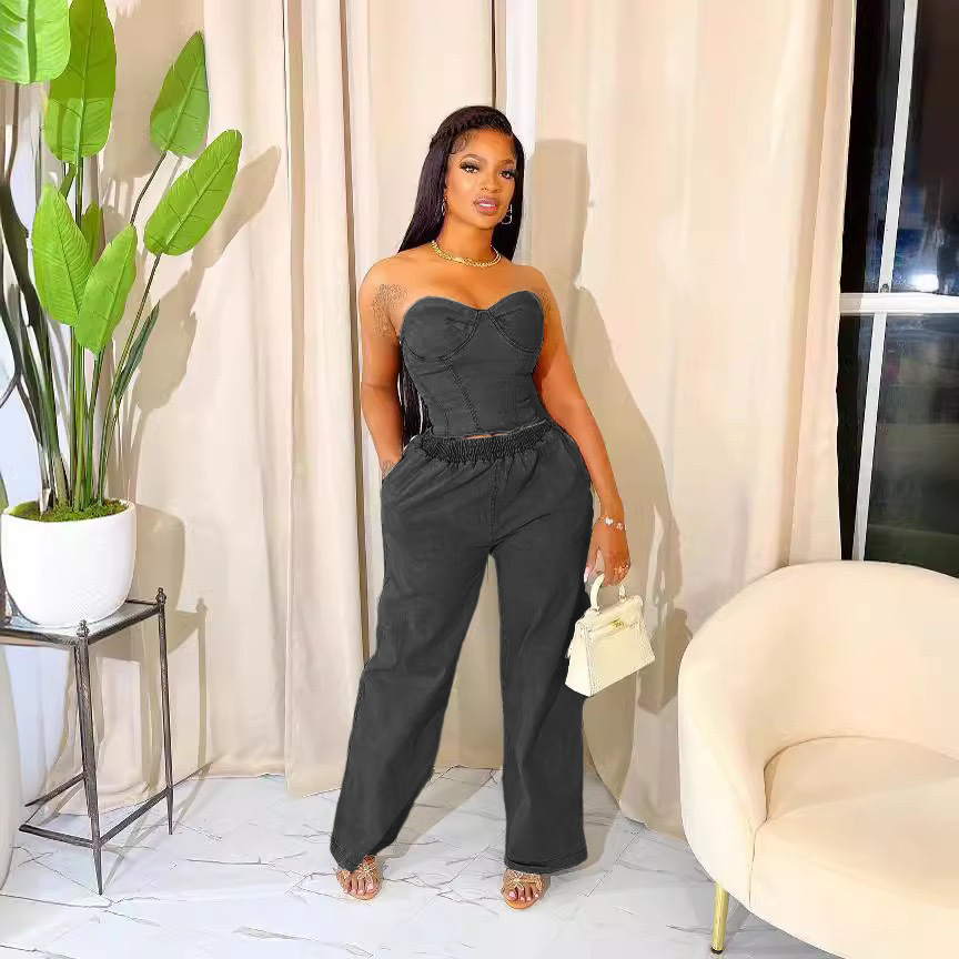 Women casual stretchy denim sleeveless top and pant two-piece suit