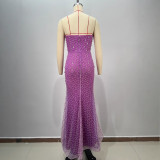 Women Backless Waisted Diamond Fishtail Shell Waist Sequined Evening Dress