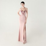 Women applique fishbone lace-up dinner party fishtail evening dress