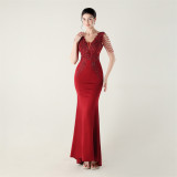 Women Heavy Beaded Applique Fishbone Train Lace-Up Formal Party Evening dress