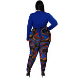 Women sexy patchwork contrasting lace-up top and printed pants two-piece suit