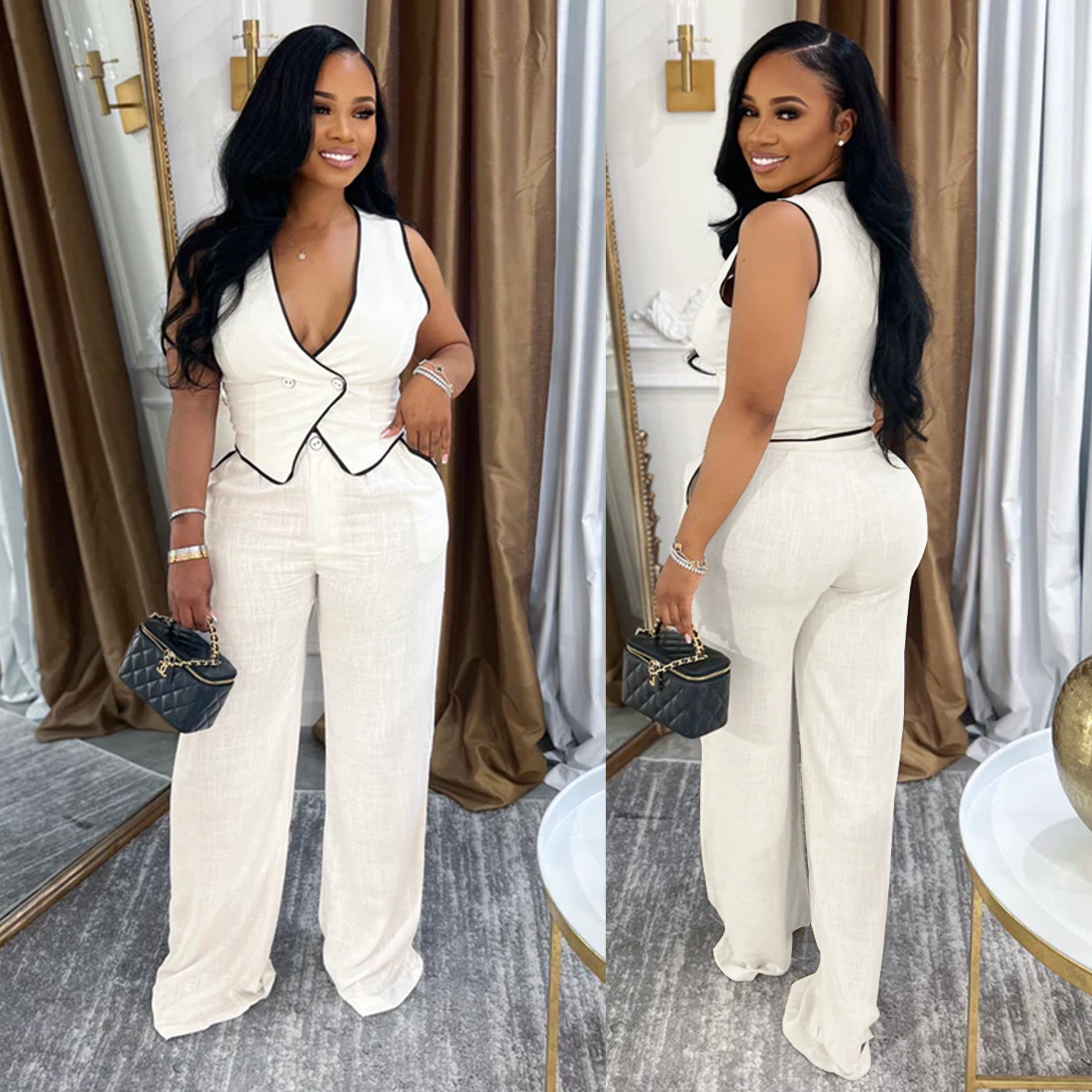 Women casual v-neck button top and trousers two-piece suit