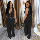 Women casual v-neck button top and trousers two-piece suit