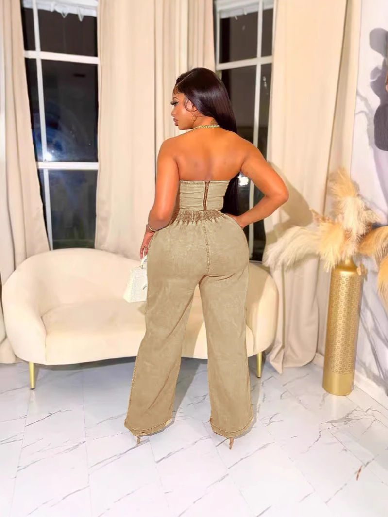 Women casual stretchy denim sleeveless top and pant two-piece suit