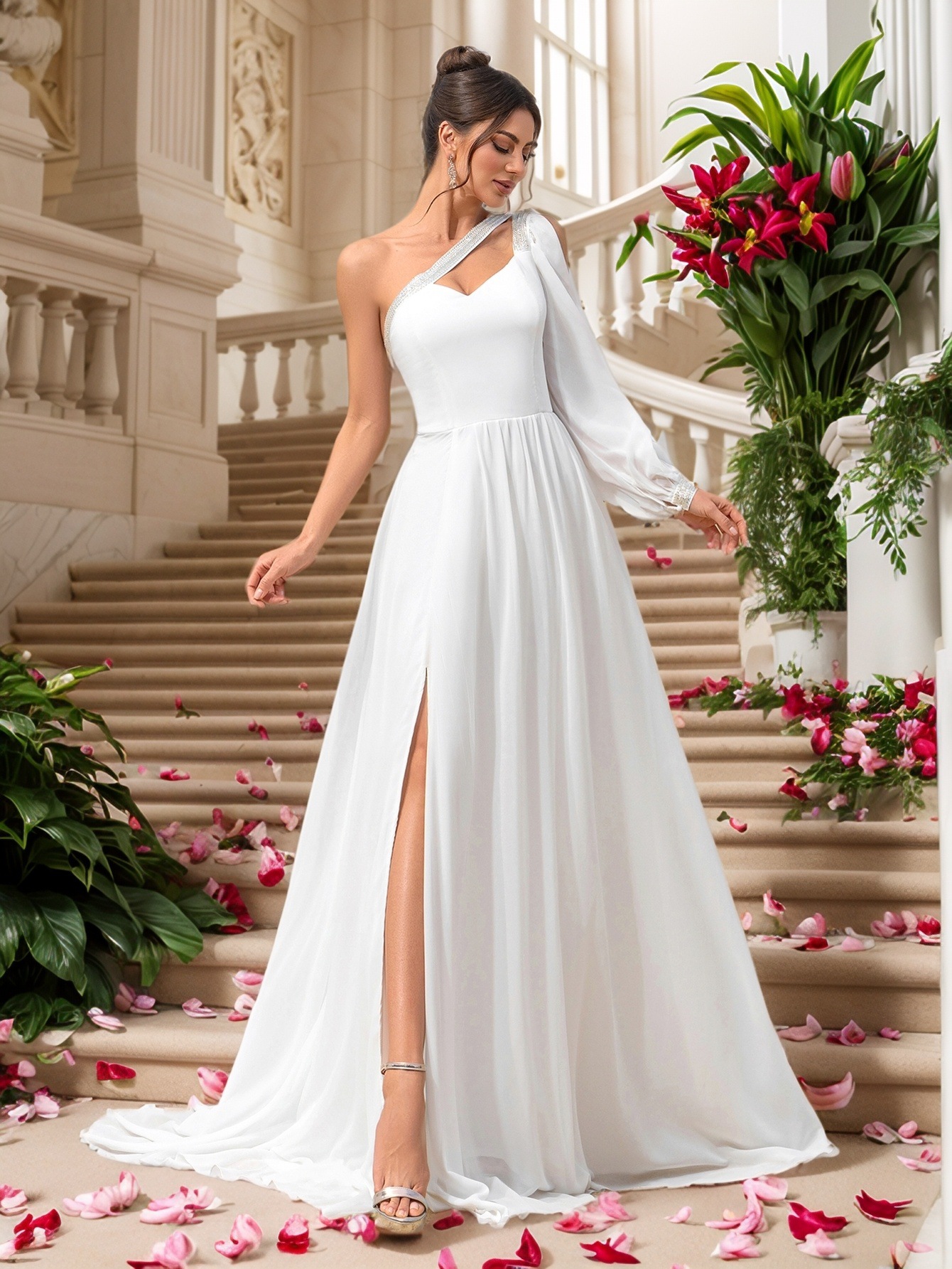 Women One-shoulder Sleeve Formal Party Wedding Wedding Dress Evening Dress Bridesmaid Dress