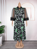 Plus Size African Women Three-quarter Sleeve Black Feather Turndown Collar Print Dress