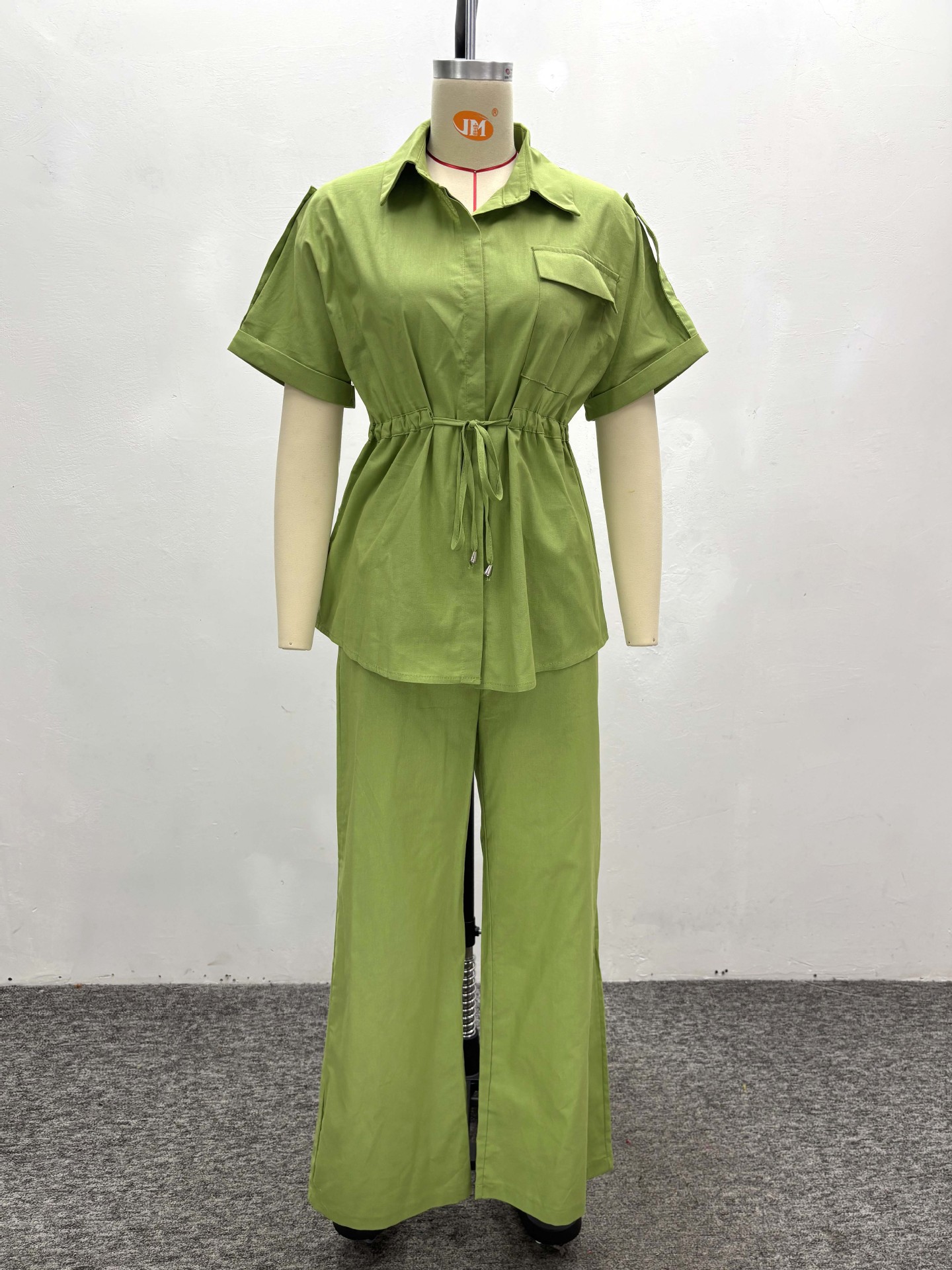 Plus Size Women Casual African Solid Turndown Collar Top and Trousers Two-piece Set