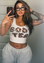 Women Sexy Leopard Letter Print U-neck Sleeveless Crop Top Women Sexy Leopard Letter Print U-neck Sleeveless Crop Top