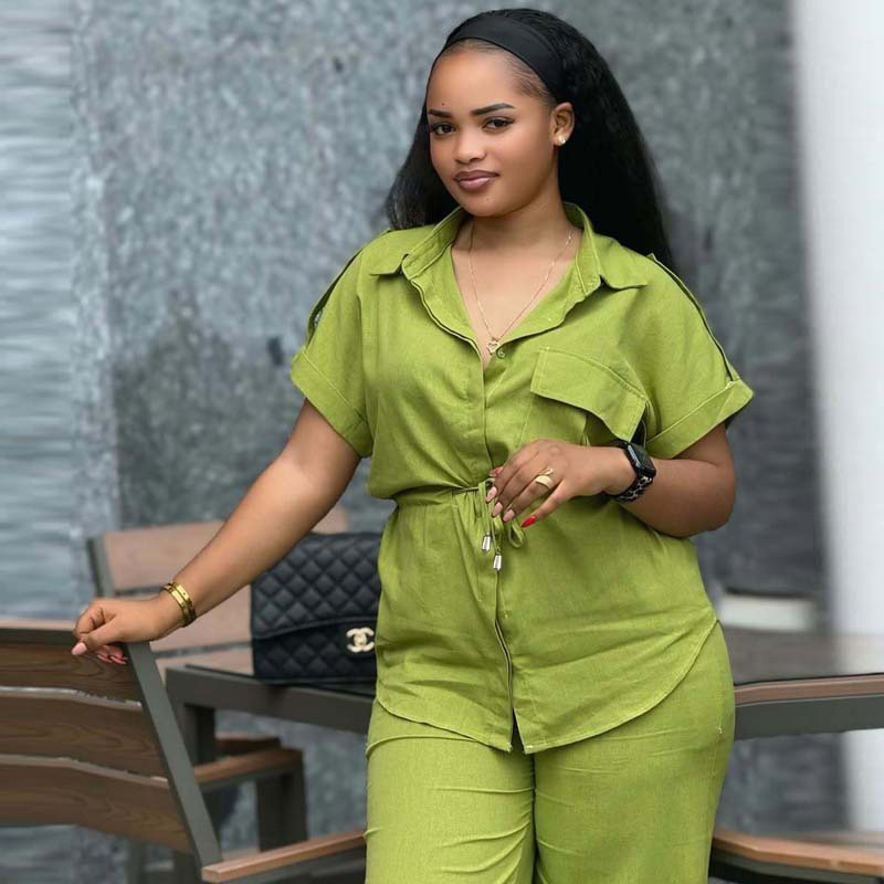 Plus Size Women Casual African Solid Turndown Collar Top and Trousers Two-piece Set