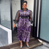 Plus Size African Women Three-quarter Sleeve Black Feather Turndown Collar Print Dress