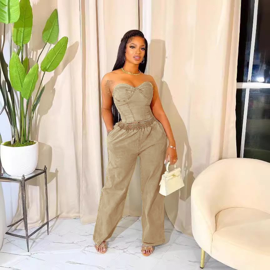 Women casual stretchy denim sleeveless top and pant two-piece suit