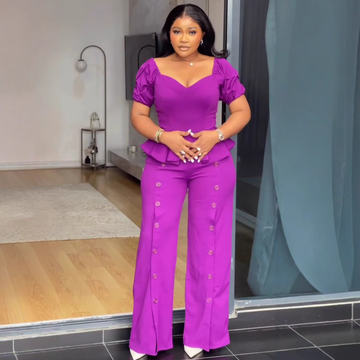 African Women Square Neck Ruffle Top And Solid Trousers Two-piece Set