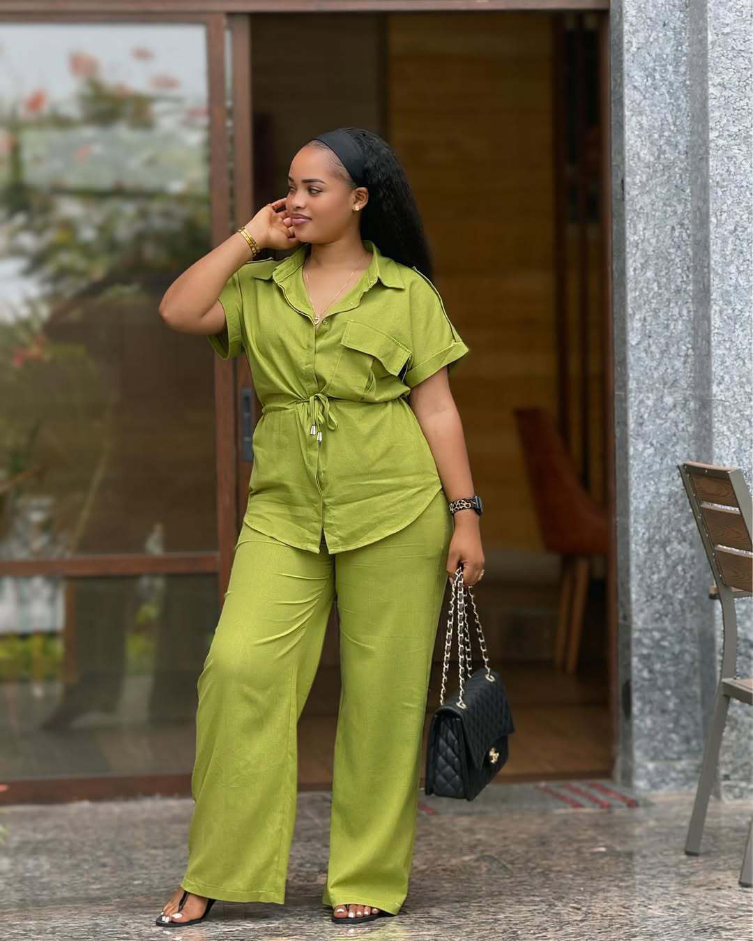 Plus Size Women Casual African Solid Turndown Collar Top and Trousers Two-piece Set