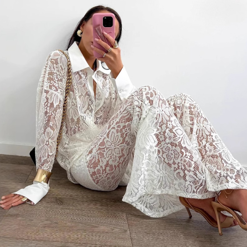 Women Hollow White Cardigan Lace Shirt and Wide-leg Pants Two-piece Set