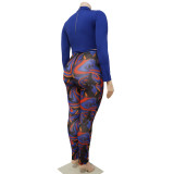Women sexy patchwork contrasting lace-up top and printed pants two-piece suit