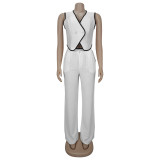 Women casual v-neck button top and trousers two-piece suit
