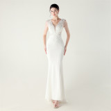 Women Heavy Beaded Applique Fishbone Train Lace-Up Formal Party Evening dress