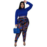Women sexy patchwork contrasting lace-up top and printed pants two-piece suit