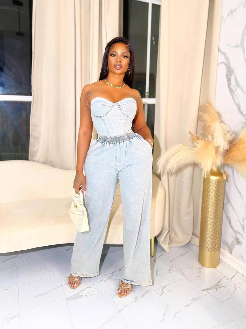 Women casual stretchy denim sleeveless top and pant two-piece suit