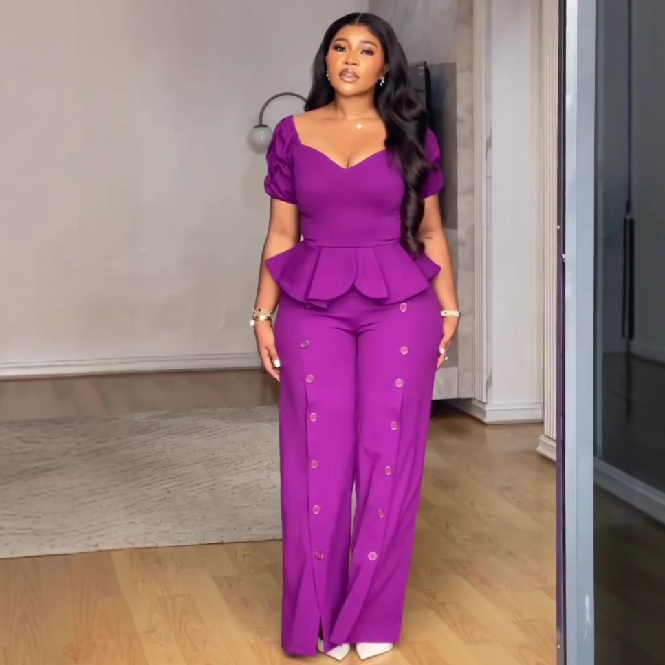 African Women Square Neck Ruffle Top And Solid Trousers Two-piece Set