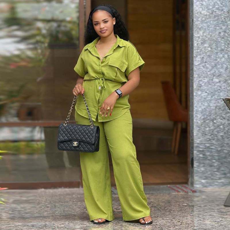 Plus Size Women Casual African Solid Turndown Collar Top and Trousers Two-piece Set