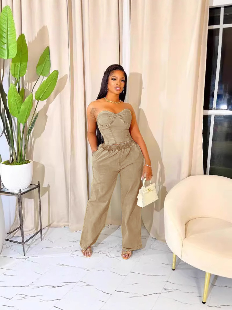 Women casual stretchy denim sleeveless top and pant two-piece suit