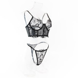 Women See-Through French Lace Fishbone Bra Sexy Lingerie Two-piece Set