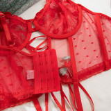 Women Summer Red Flower Embroidery Sexy Lingerie Two-piece Set