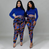 Women sexy patchwork contrasting lace-up top and printed pants two-piece suit