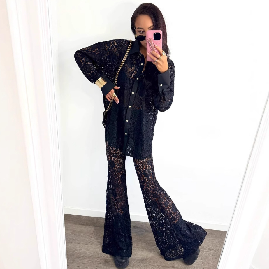 Women Hollow White Cardigan Lace Shirt and Wide-leg Pants Two-piece Set