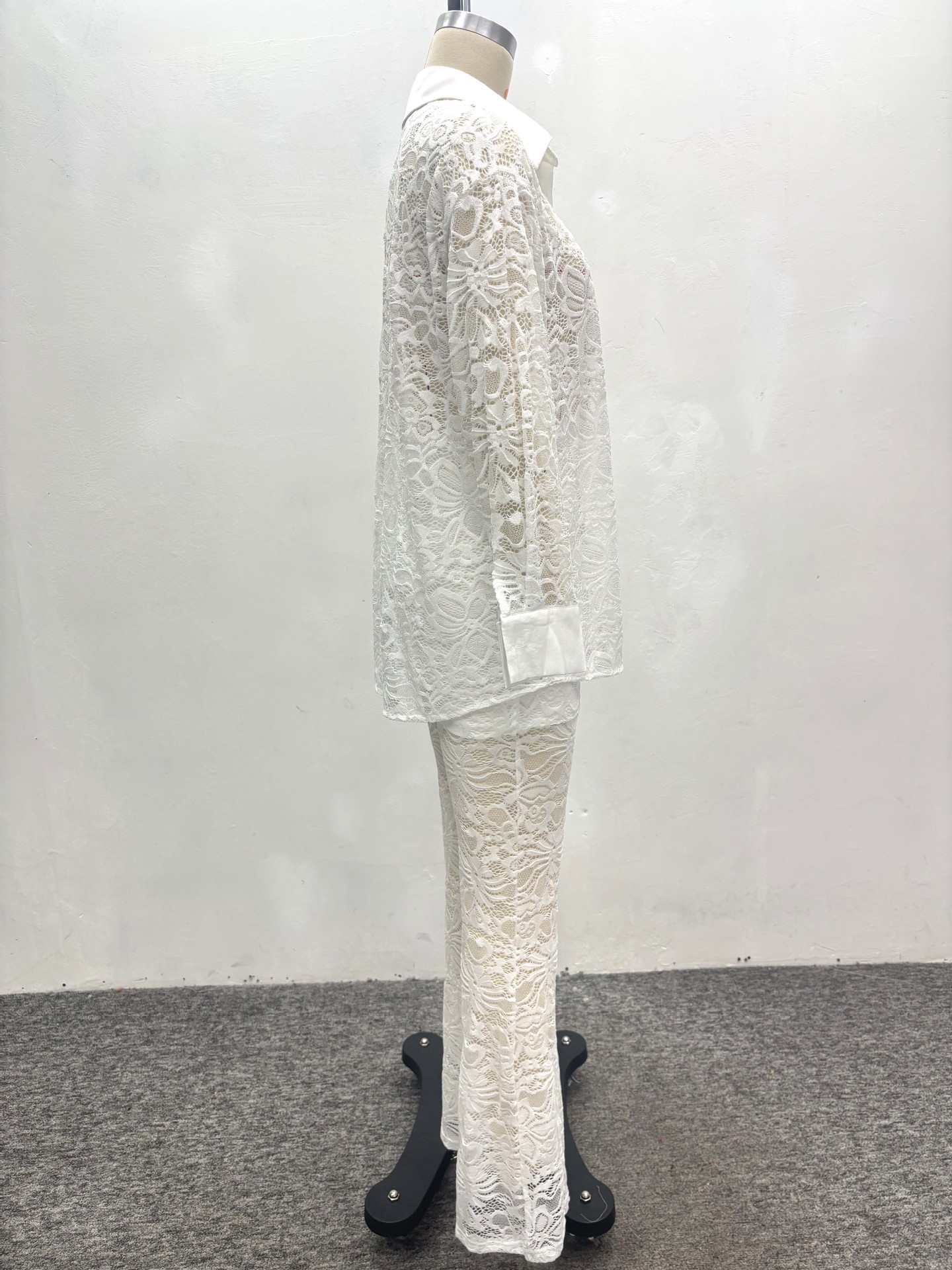 Women Hollow White Cardigan Lace Shirt and Wide-leg Pants Two-piece Set