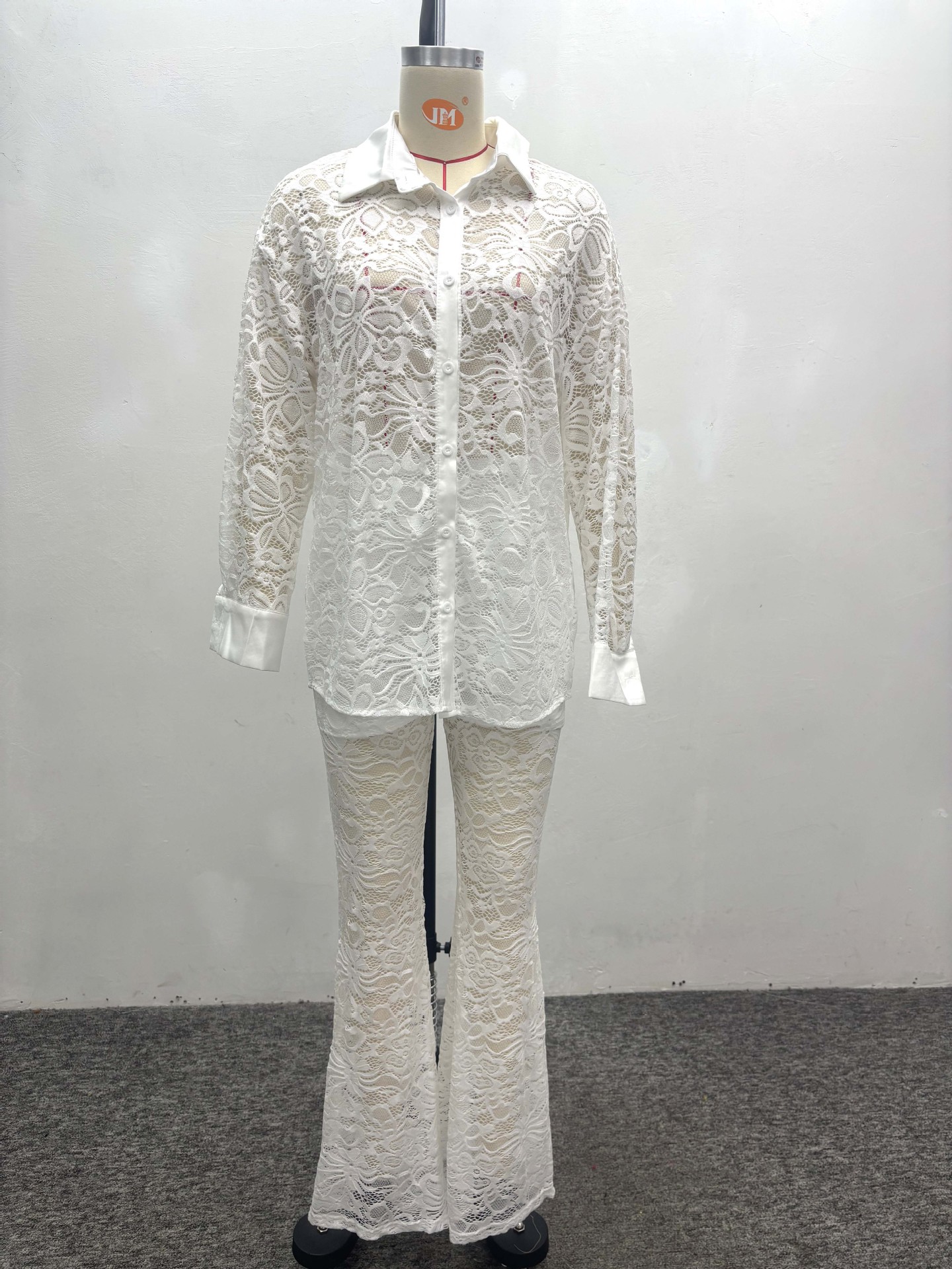 Women Hollow White Cardigan Lace Shirt and Wide-leg Pants Two-piece Set