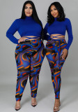 Women sexy patchwork contrasting lace-up top and printed pants two-piece suit