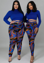 Women sexy patchwork contrasting lace-up top and printed pants two-piece suit Women sexy patchwork contrasting lace-up top and printed pants two-piece suit
