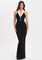 Women Turndown Collar Backless Slit Maxi Dress