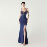 Women beaded tube applique beaded fishbone lace-up formal party evening dress